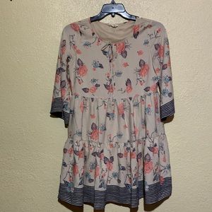 Bo Bel Dress Mini Size S Tiered Floral Pink Blue Gray Cream Long Tunic